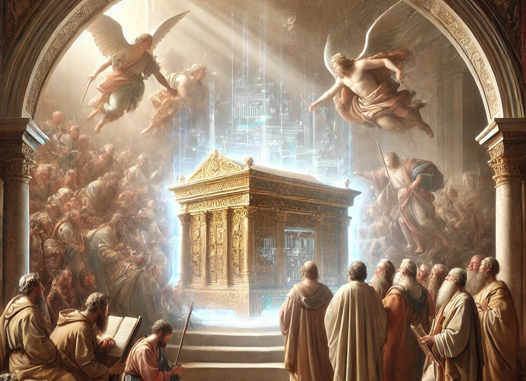 A Renaissance-style painting of explorers seeking the Ark of the Covenant, with subtle hints of modern technology symbolizing today's race for AI supremacy.